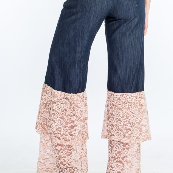 Womens Elegant Denim and Lace Bell Bottom Jean's Elastic waistband SizeS,M,L,XL - Picture 2 of 3